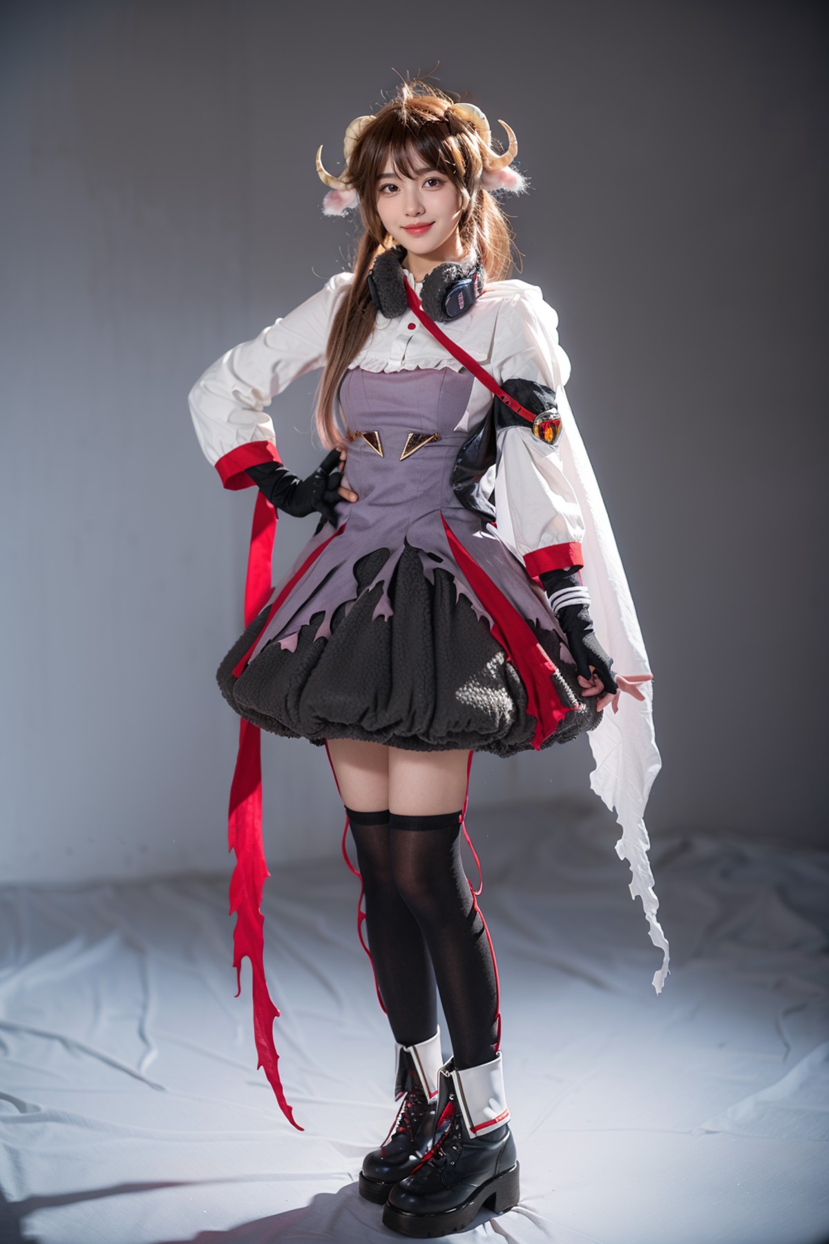 best quality,masterpiece,realistic,photorealistic,1girl,solo,smile,looking at viewer,standing,full body,eyjafjalla cosplay...